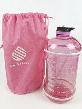 Swig Savvy Pink Motivational Water Bottle with Carry Bag